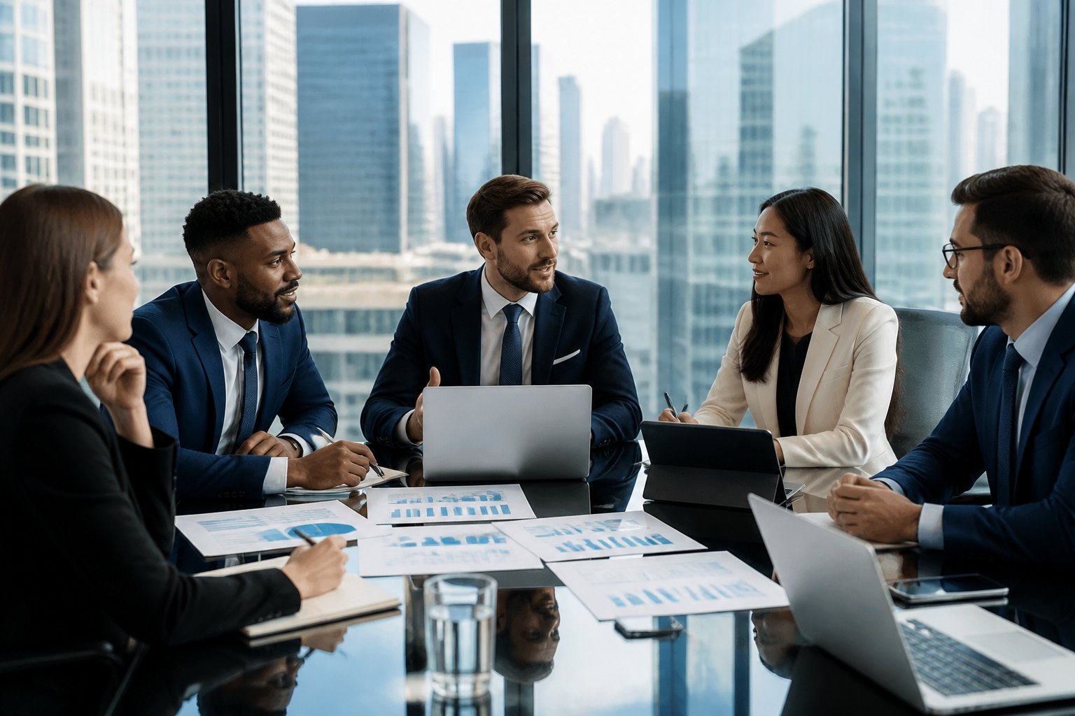 Business professionals in a modern office having a meeting around a table with laptops and financial documents.