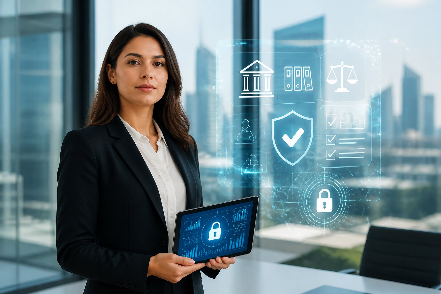 A businesswoman in a modern office holding a tablet with financial and security icons displayed, overlooking a city skyline.