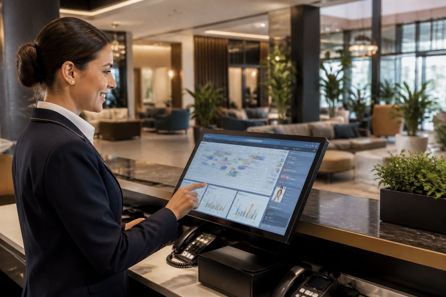 A hotel receptionist using a touchscreen computer at a modern hotel front desk with a stylish lobby in the background.
