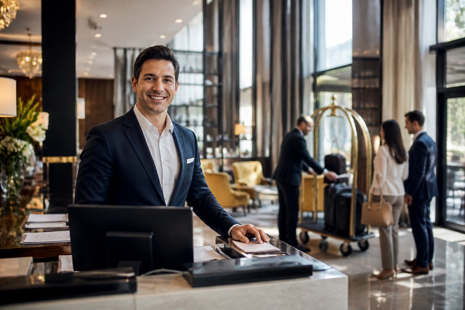 Hotel manager standing behind reception desk in a bright hotel lobby with staff assisting guests in the background