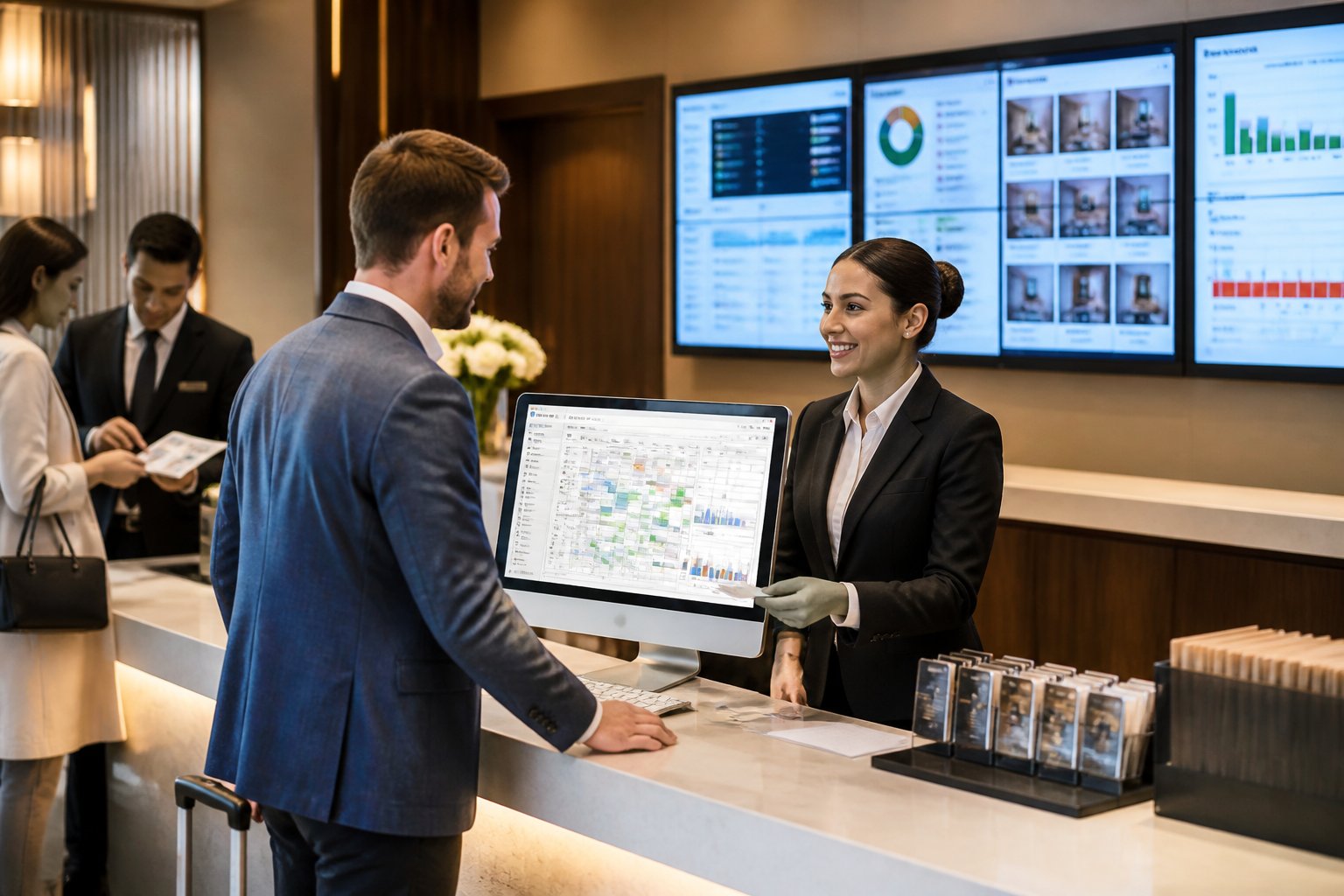A hotel front desk with a receptionist assisting a guest using a computer, with digital screens showing room and booking information in the background.