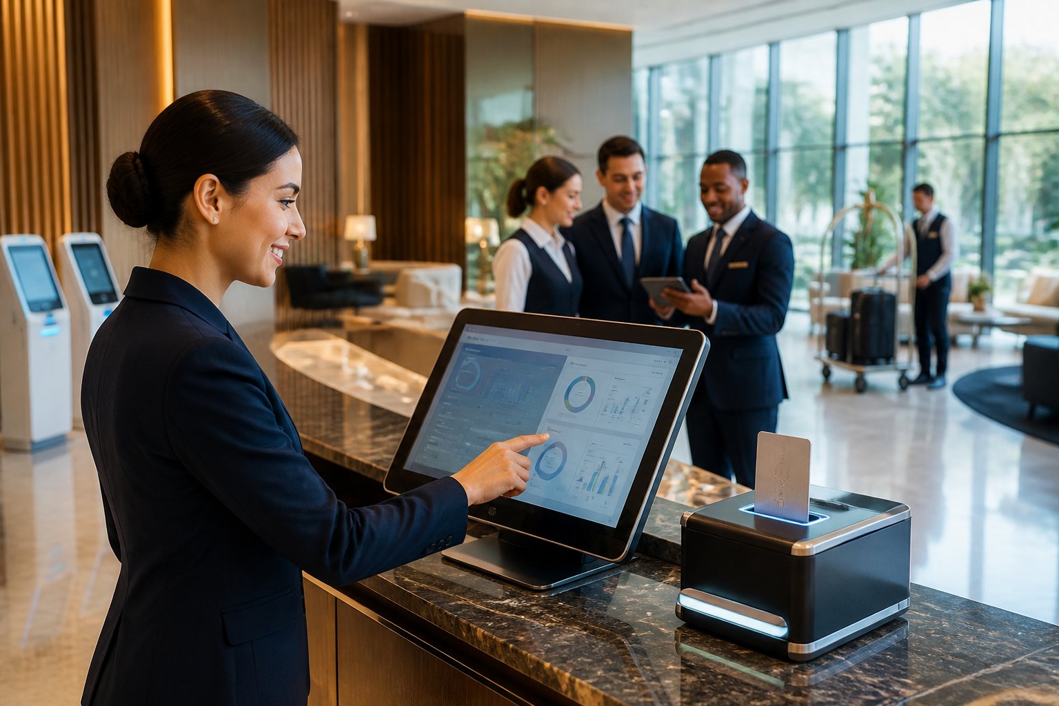 Hotel receptionist using a touchscreen computer at a modern front desk with staff collaborating in a bright hotel lobby.