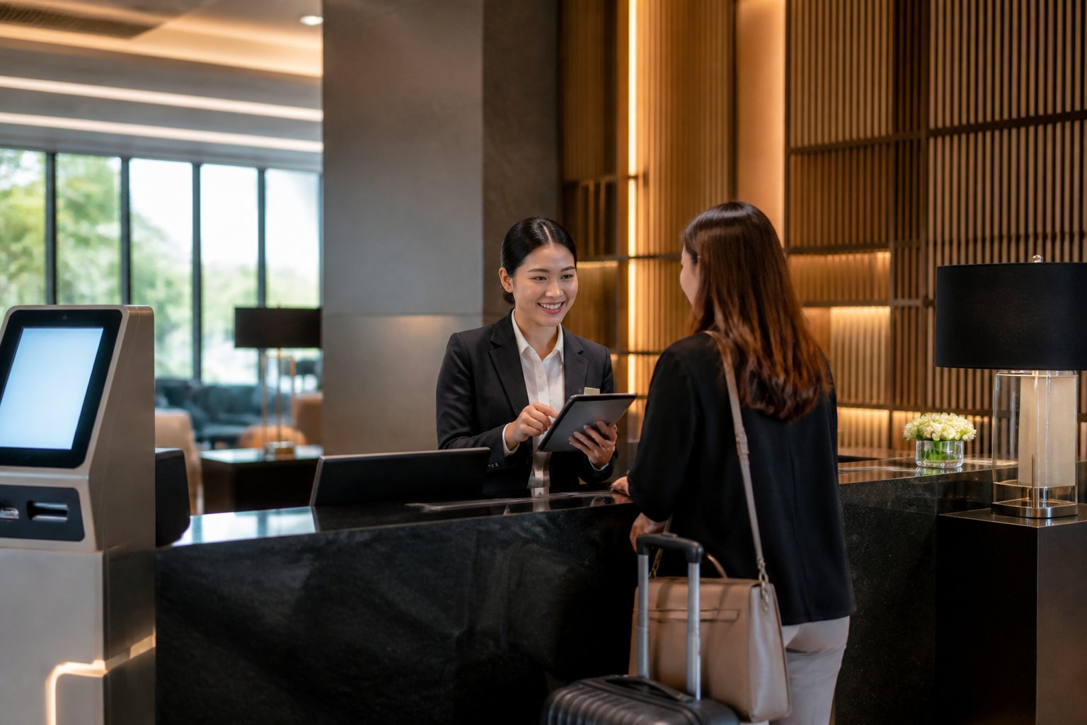 A hotel receptionist assisting a guest at a modern front desk in a bright, clean lobby.
