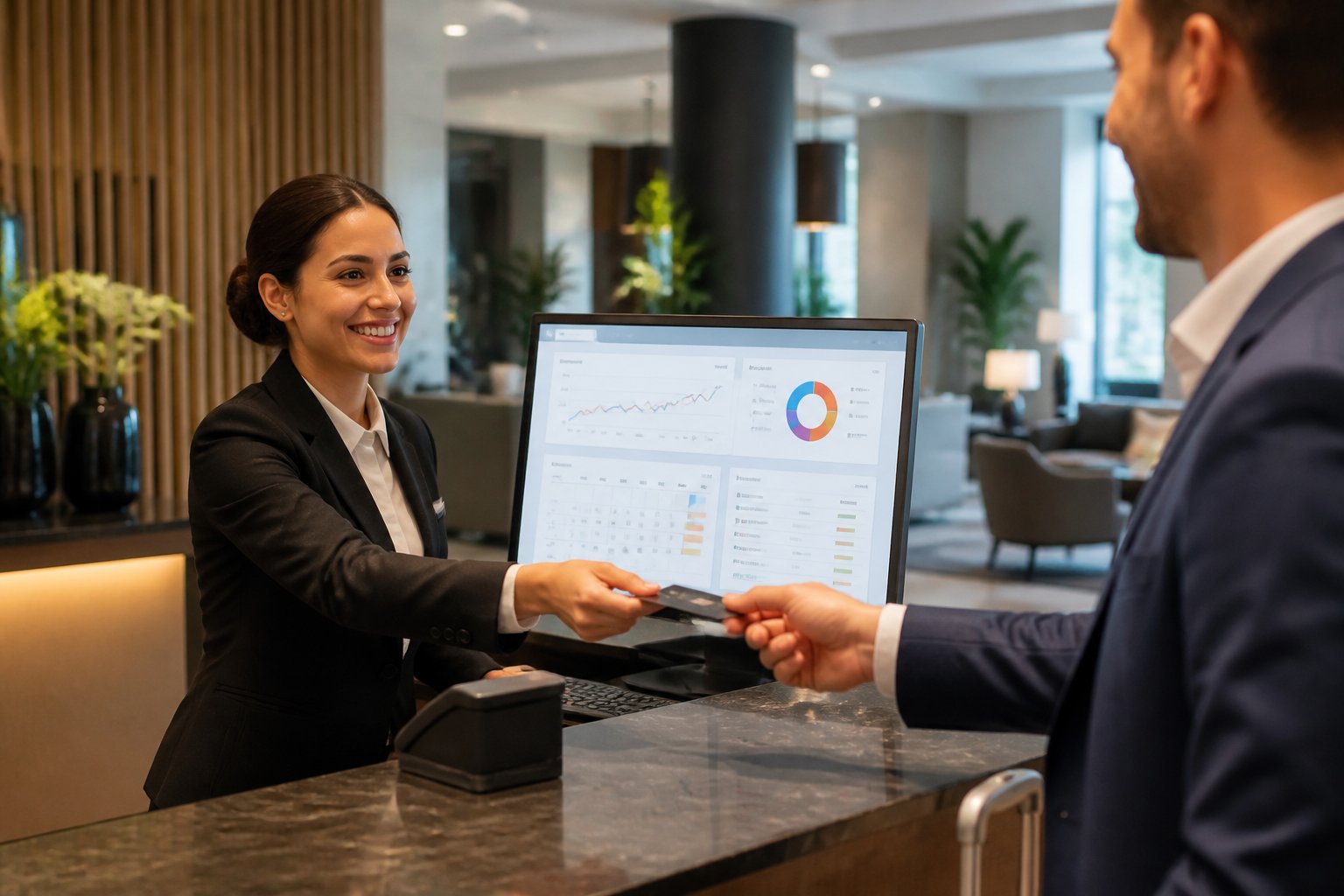 Hotel front desk with staff using a computer system to assist a guest in a modern lobby.