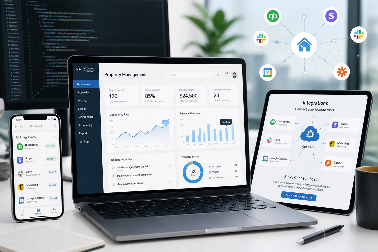 A workspace with a laptop, tablet, and smartphone showing interconnected software interfaces and data charts related to property management.