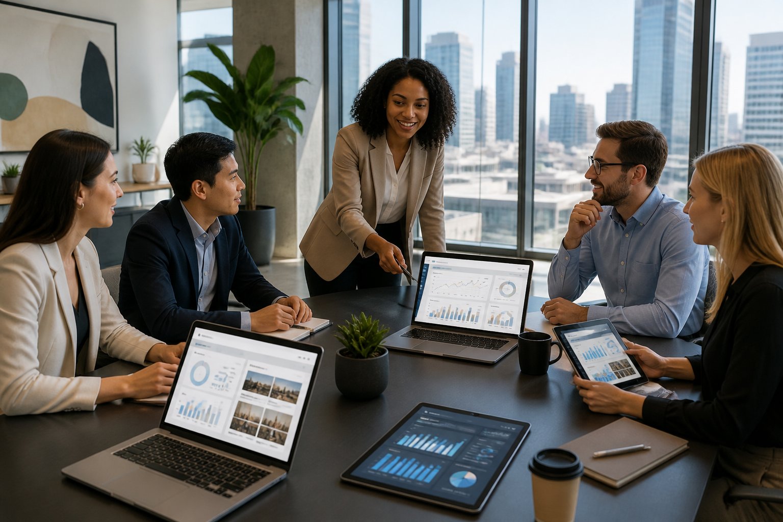 A group of professionals working together around a table with laptops and digital devices in a bright office with large windows and city views.