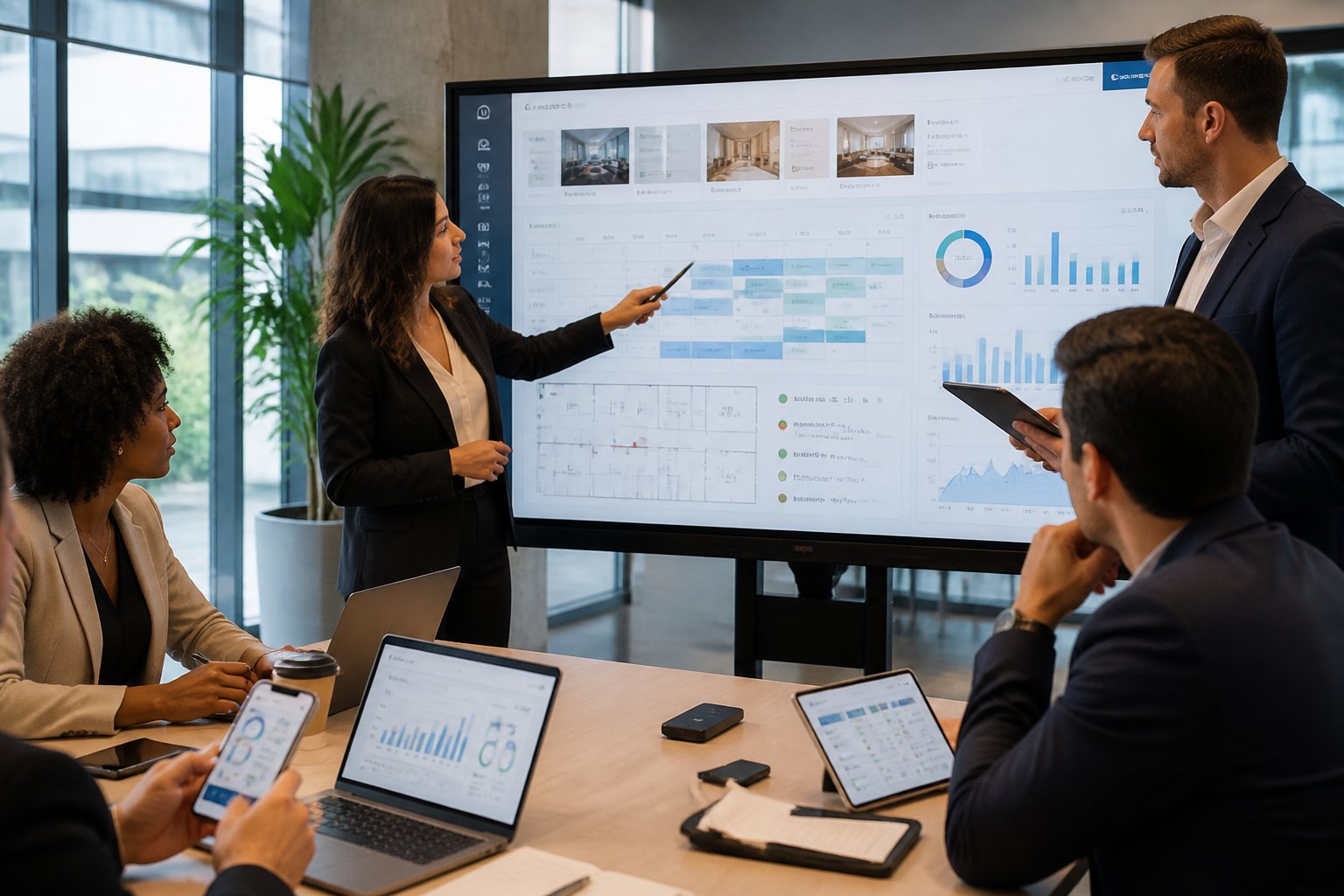 A group of professionals collaborating around a digital touchscreen displaying property management data in a modern office.