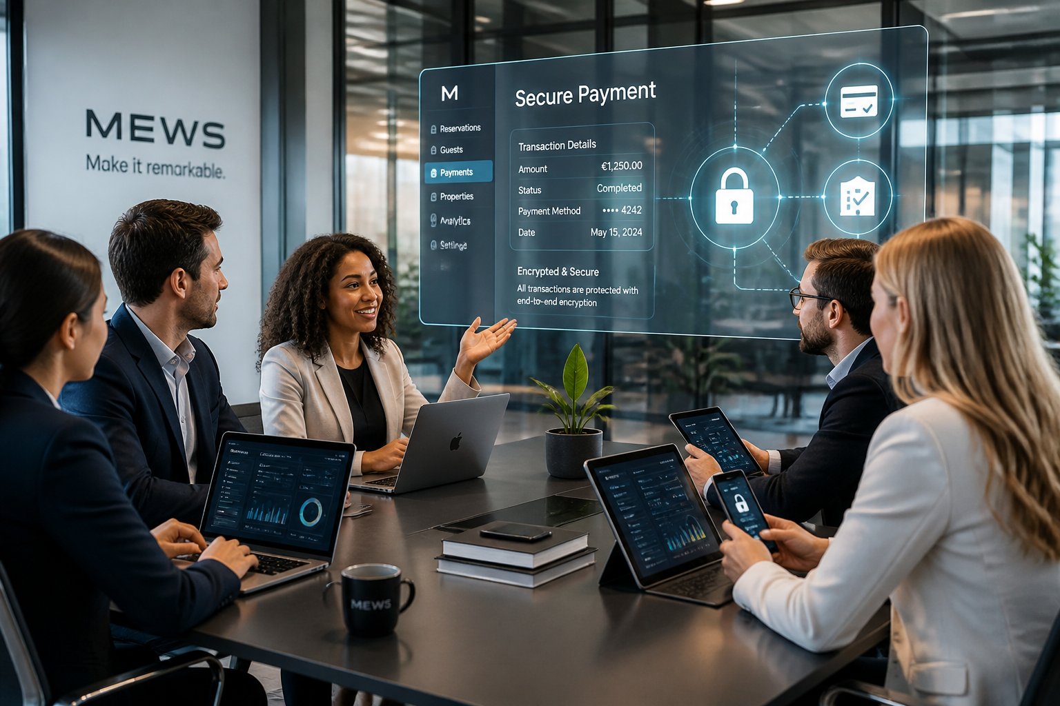 Business professionals collaborating in a modern office with digital devices showing financial and security data related to property management.