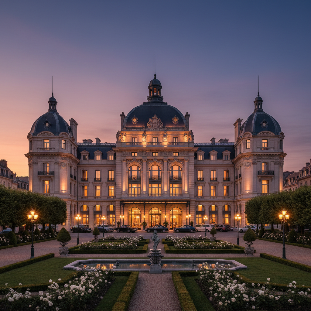 A grand, symmetrical historic building with a central dome and illuminated windows stands behind a manicured garden with a fountain at twilight.