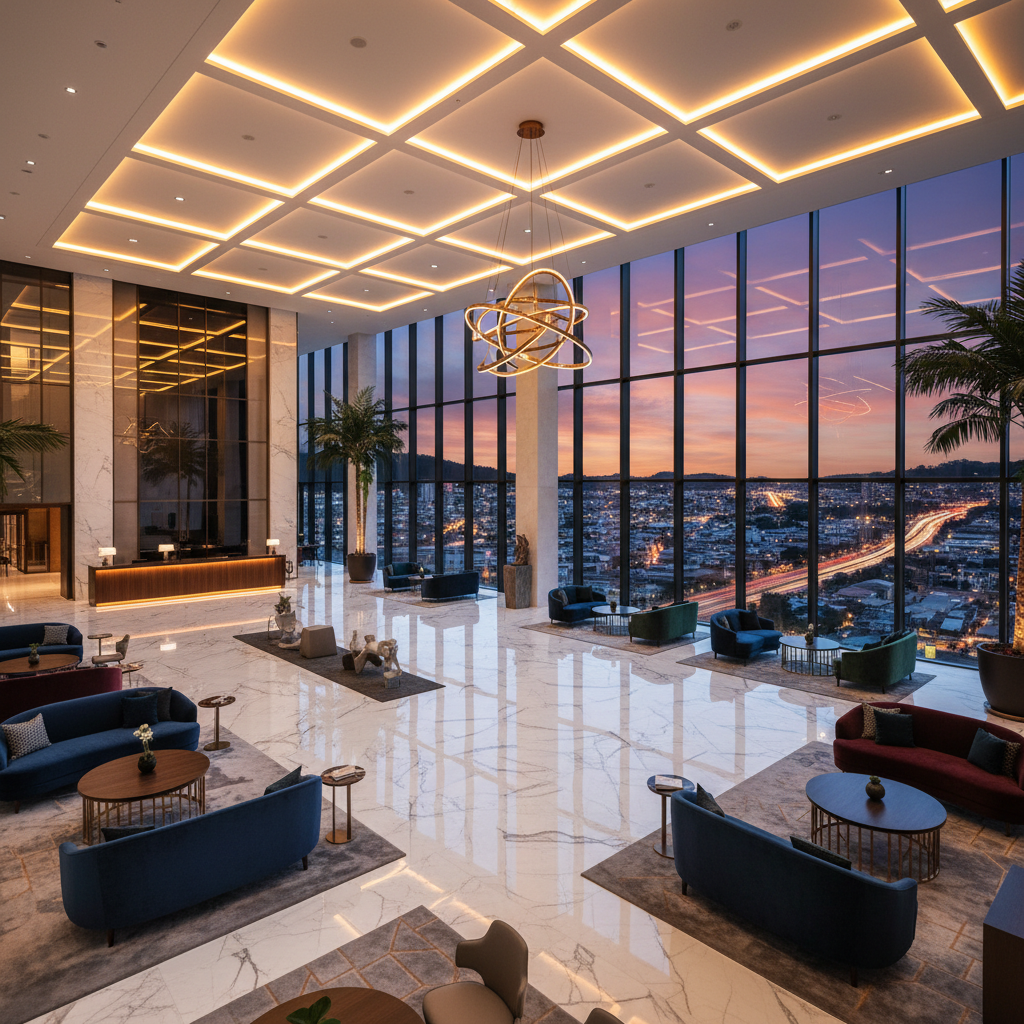 A spacious, modern hotel lobby features marble floors, plush seating areas, and floor-to-ceiling windows overlooking a city at sunset.