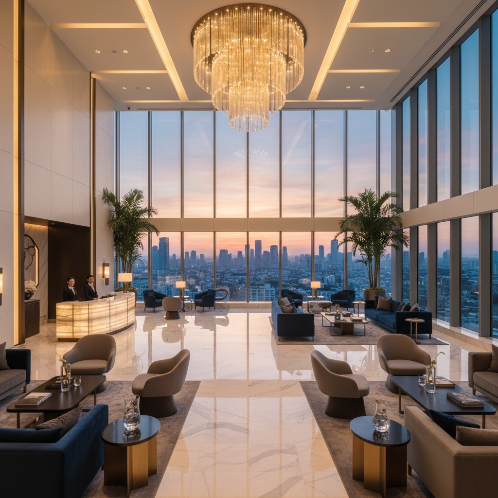 A luxurious hotel lobby features a large crystal chandelier, floor-to-ceiling windows overlooking a city skyline at sunset, and a reception desk staffed by two employees.