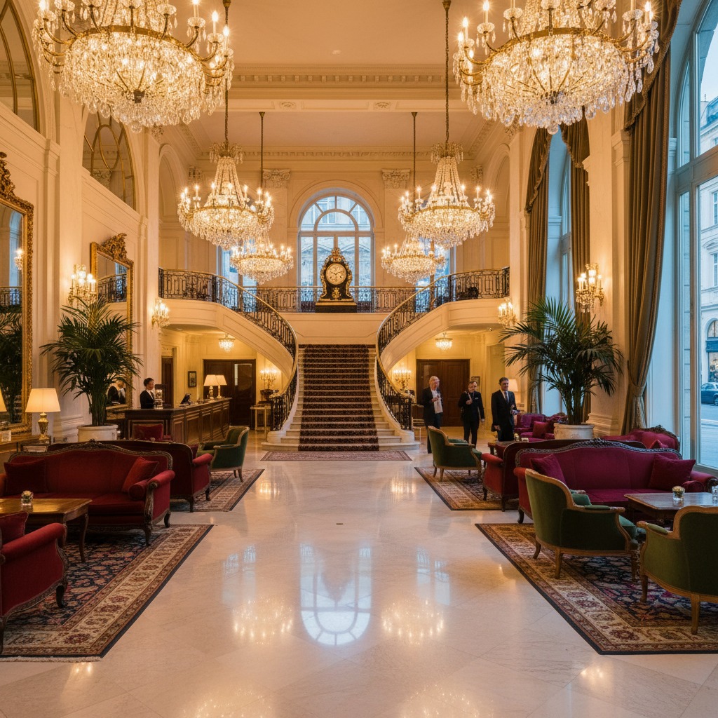 A grand hotel lobby features a sweeping double staircase, crystal chandeliers, and plush red and green seating areas on a polished marble floor.