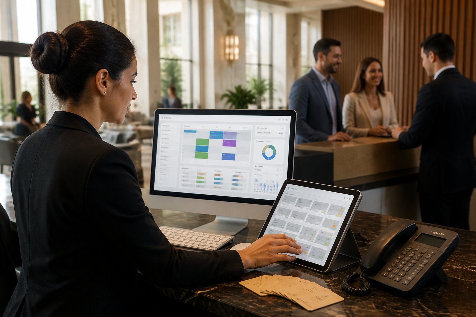 Hotel manager using digital devices at a modern reception desk to coordinate hotel operations.