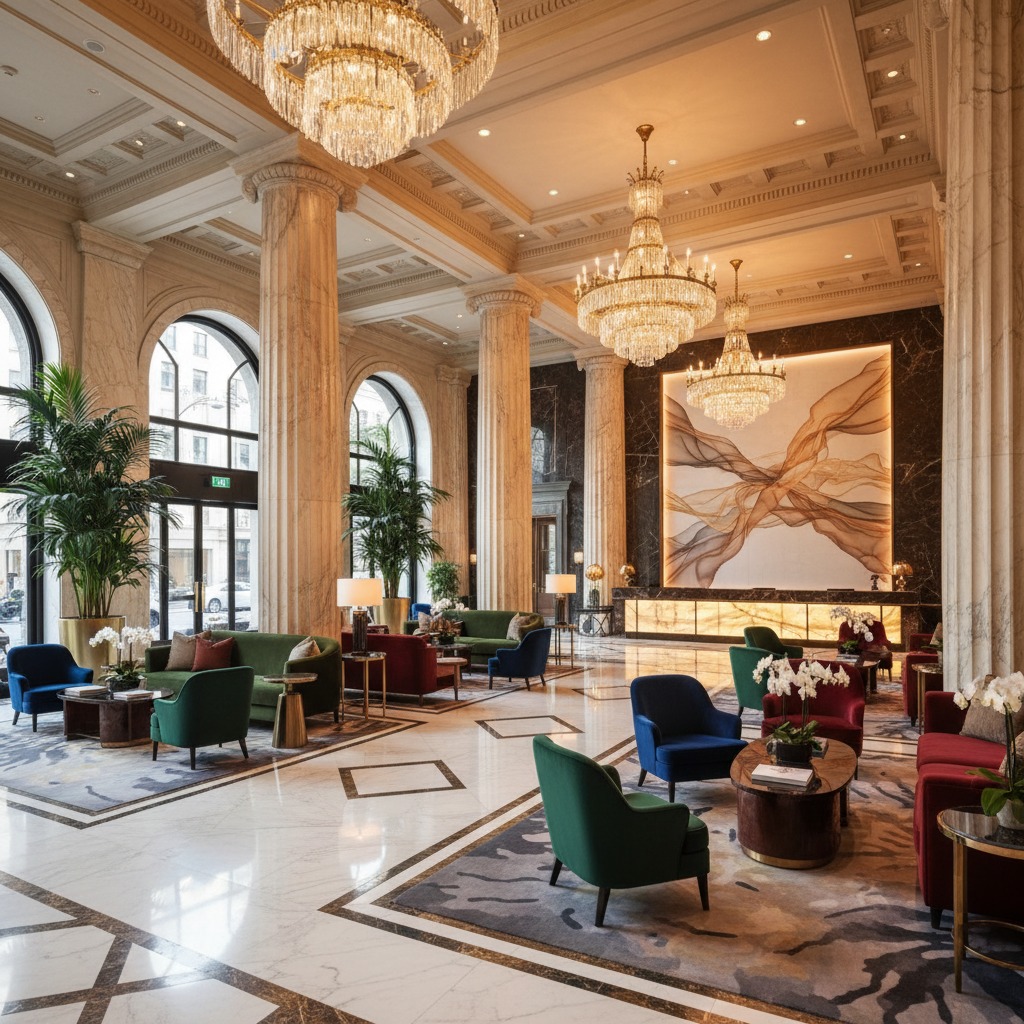 A luxurious hotel lobby features marble columns, crystal chandeliers, and plush seating areas with green, blue, and red armchairs.